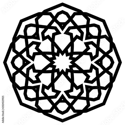 Fotografía A detailed black and white geometric Islamic pattern, featuring intricate tessellations and symmetrical design elements, creating an abstract and traditional decorative motif