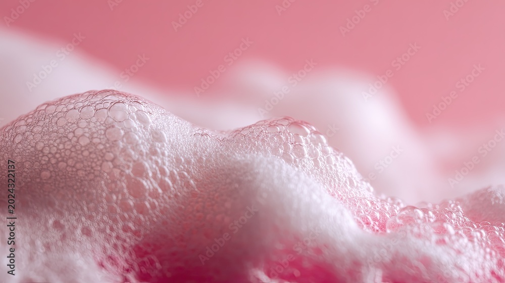 Fototapeta premium Close-up of Delicate Foam Bubbles on Soft Pink Gradient Background, Dense Soap Bubble Texture, Gentle Skincare Cosmetic Fluid Element for Commercial Design