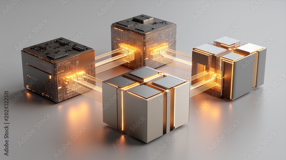 Obraz premium Futuristic Blockchain Infrastructure Network with Connected Digital Computing Nodes, Abstract Cloud Technology System for AI Infrastructure, Enterprise Data Exchange and Decentralized Network Visuals
