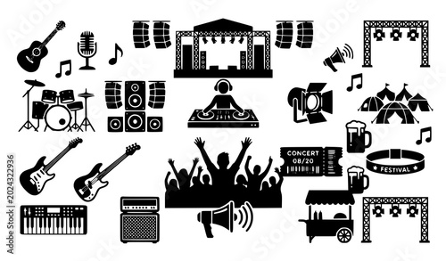 Vector set of music festival concert icons featuring black silhouette designs of live open-air stages, cheering crowds, DJ mixers, guitars, drums, sound speaker systems, stage lighting, and outdoor ev