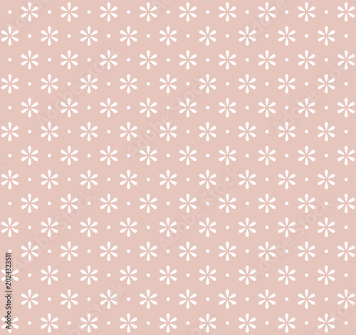 Seamless floral pattern with minimalist white flowers and small dots on a soft beige pink background. Elegant vector illustration for baby textiles, gift wrapping paper, and cute wallpaper design.
