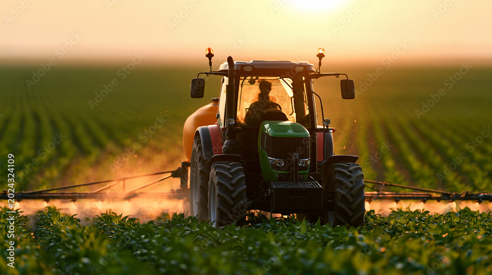 Fototapeta premium Agricultural tractor spraying crops at sunset representing modern farming, sustainable agriculture and rural food production.