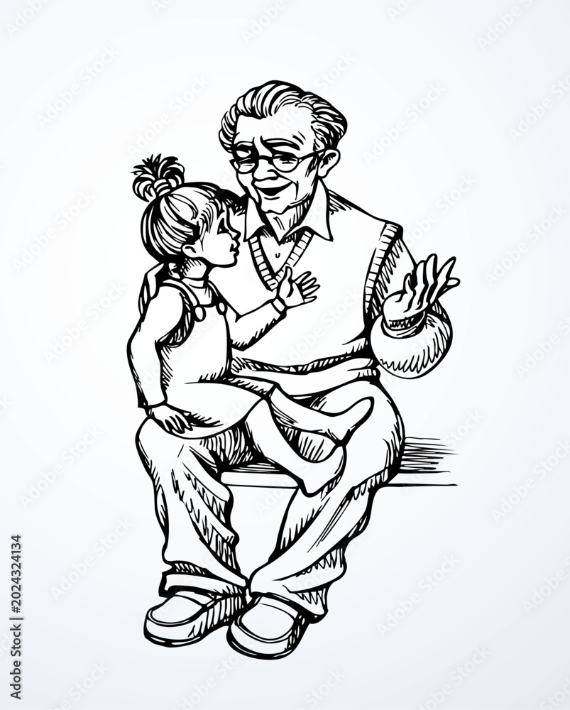 Obraz premium Vector drawing. Grandfather with his granddaughter