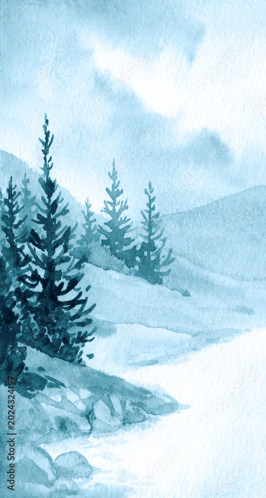 Fototapeta premium Watercolor landscape. Stream in a valley.