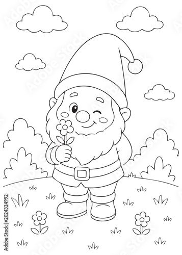 Photos coloring book thoughtful gnome holding a flower and looking shy