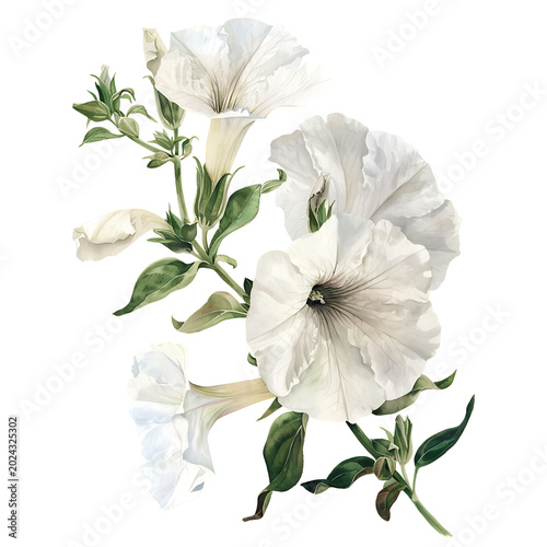 Watercolor Painting of White Petunias with Green Leaves on transparent background