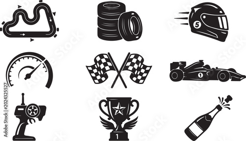 Black icons set of racing and motorsport