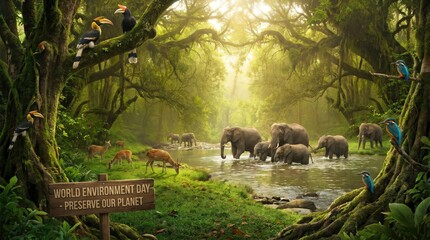 Wild elephants walking peacefully in a lush jungle with environmental signage, highlighting wildlife conservation and ecosystem protection.