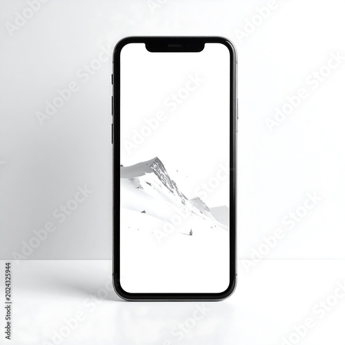 Smartphone displaying mountain landscape against a white background