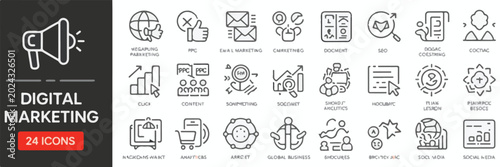 Digital marketing icons and text on dark background