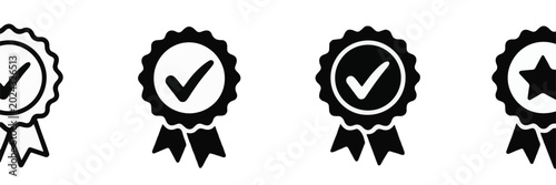 Four Award Ribbons with Checkmarks and Star Icons Keywords: award, ribbon, badge, checkmark
