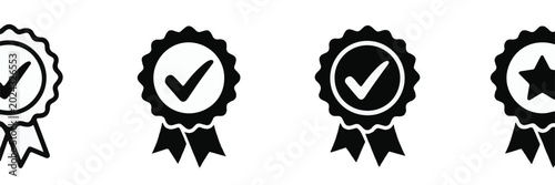 Four Award Ribbons with Checkmarks and Star Icons Keywords: award, ribbon, badge, checkmark
