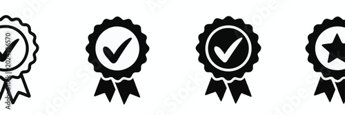 Four Award Ribbons with Checkmarks and Star Icons Keywords: award, ribbon, badge, checkmark