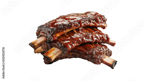 Stack of succulent pork ribs glazed with thick barbecue sauce isolated on a transparent background