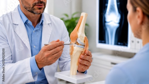 Orthopedic doctor explaining knee joint anatomy with medical bone model in clinic. arthritis, ligament injury, rehabilitation, physical therapy, orthopedic treatment, joint pain, musculoskeletal.