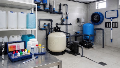 Working area in a water treatment facility with various equipment and tanks for filtration and chemical testing