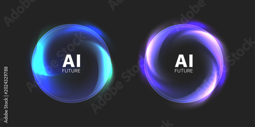 Foto Futuristic glowing neon rings with fluid gradient shapes on dark background