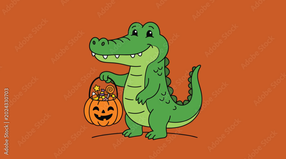 Fototapeta premium Cute Cartoon Alligator with Jack-O-Lantern