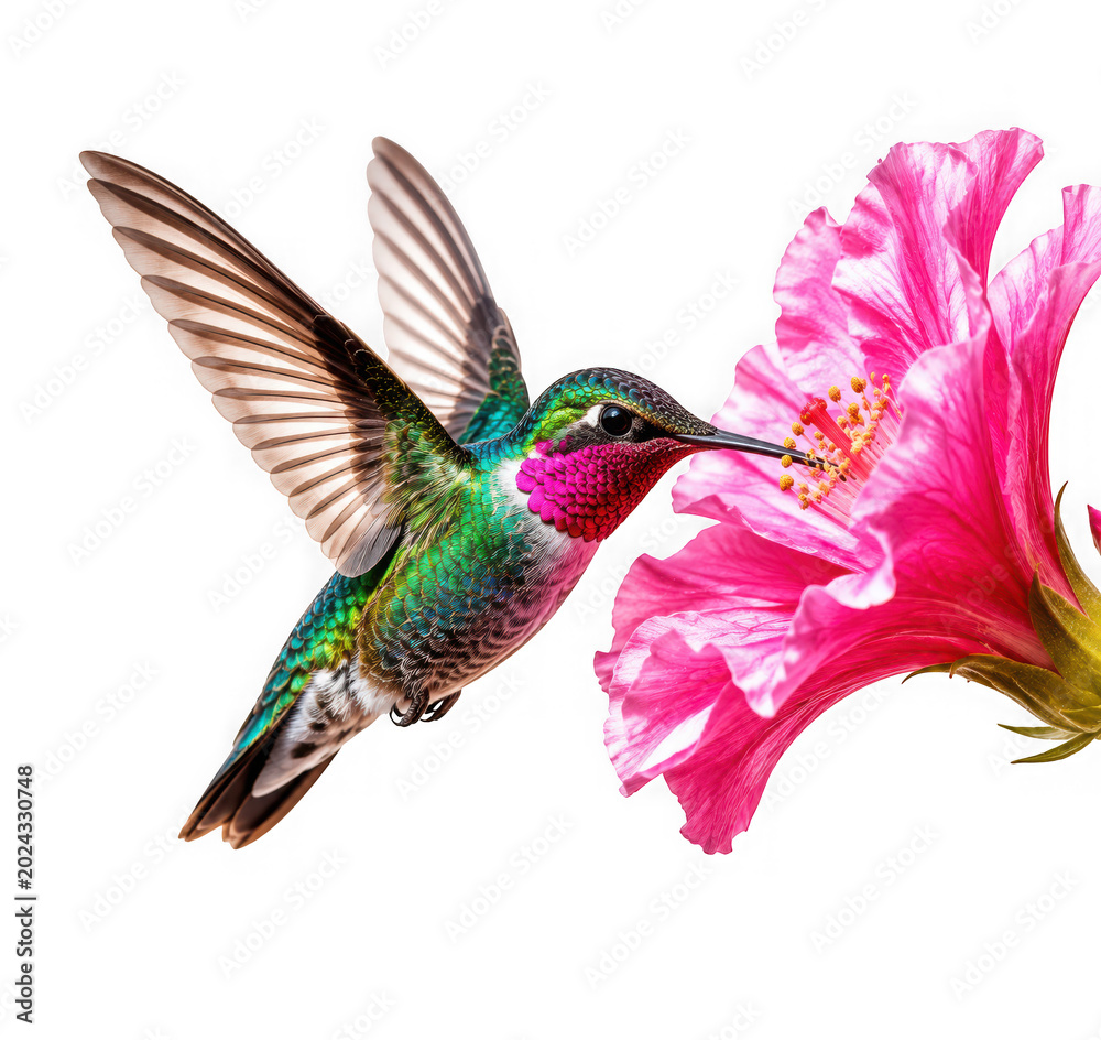 Obraz premium Hummingbird hovering near a bright pink hibiscus flower as cut out PNG isolated on transparent background
