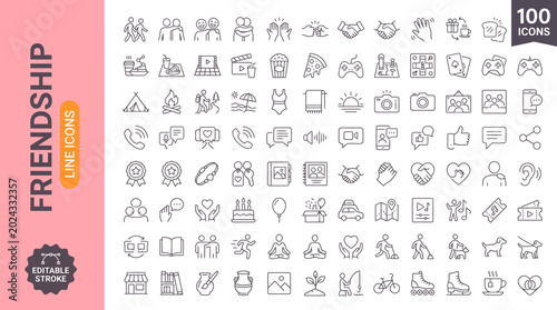 Konstfotografi A collection of 100 editable line icons depicting various aspects of friendship and social connections