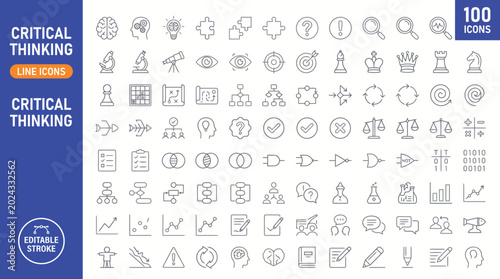 Cuadro en lienzo A collection of 100 critical thinking line icons for problem solving and decisio