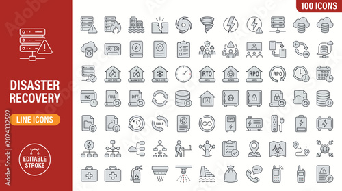 Tableau sur toile A collection of line icons depicting various disaster recovery concepts and symbols