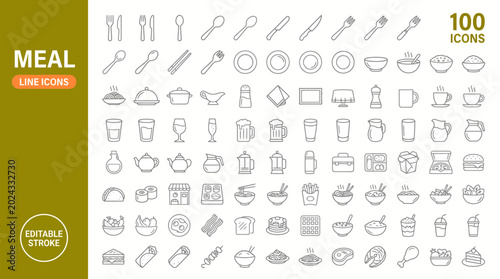 Tableau sur toile A collection of 100 editable meal line icons including food and drink symbols jp