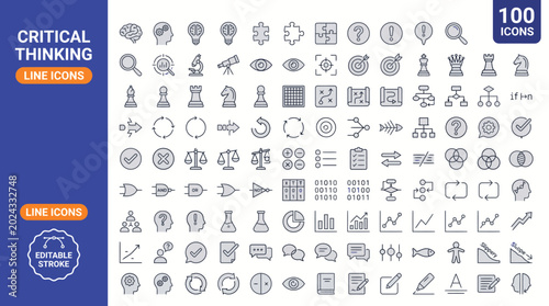 Konstfotografi A collection of line icons representing critical thinking concepts, including problem-solving, analysis, and decision-making
