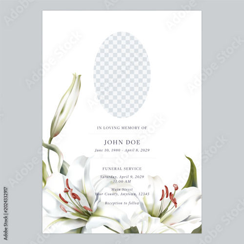 Floral funeral invitation featuring watercolor-style white Casa Blanca lily and an oval photo placeholder on a solid white background