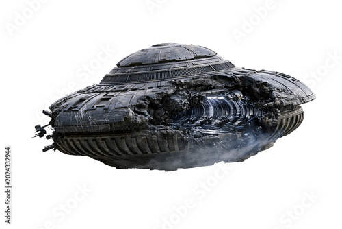 Damaged crashed UFO spacecraft with exposed futuristic machinery isolated on black background for alien science fiction concept
