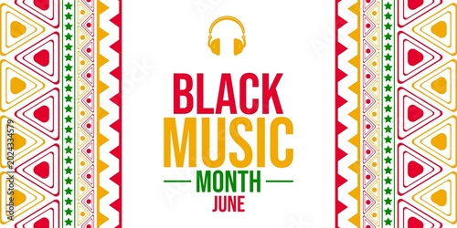 Black Music Month graphic with headphones and decorative border theme in June.