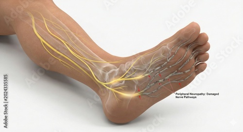 Diabetes Neuropathy medical visualization shows semi transparent foot with nerves turning from healthy to grey fragmented in toes, diabetic foot nerve damage render