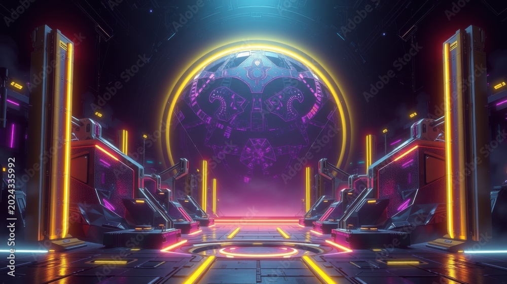 Fototapeta premium Futuristic corridor glows with neon lights. Complex circular design dominates space, creating dramatic perspective. Dark tones emphasize vibrant illumination.
