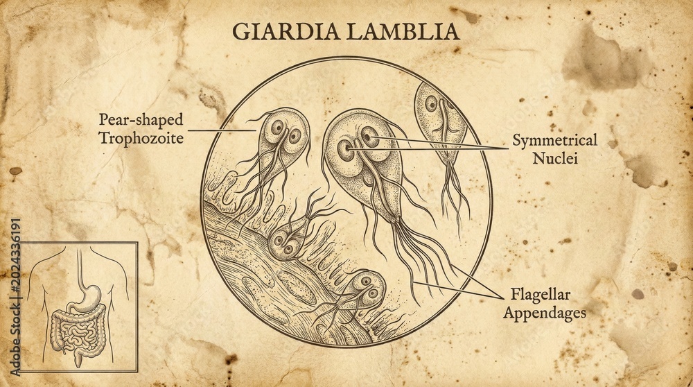 Obraz premium Vintage Giardia Lamblia illustration microscopic parasite human intestine diagram.