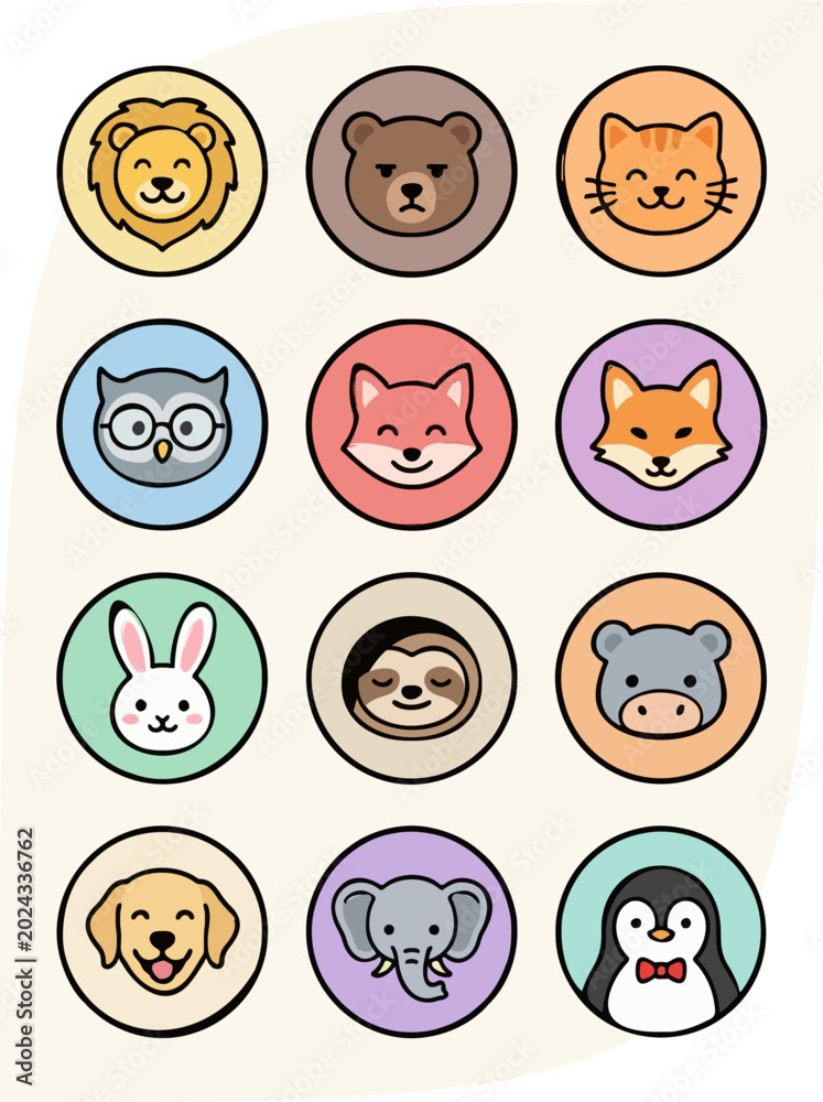 Fototapeta premium Cute Animal Avatar Icon Set with Kawaii Cartoon Faces