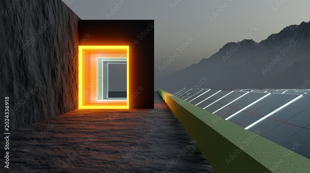 Fototapeta premium Futuristic glowing geometric portal entrance leading to a vast solar panel array with mountains in the background