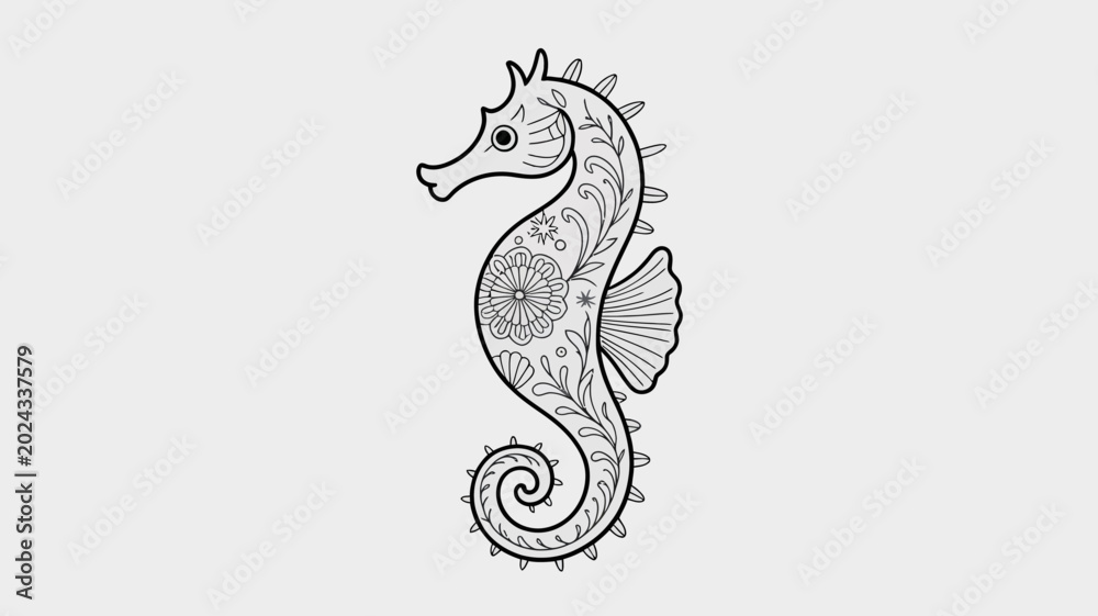 Fototapeta premium Seahorse, marine animal, black line art, illustration, vector graphics