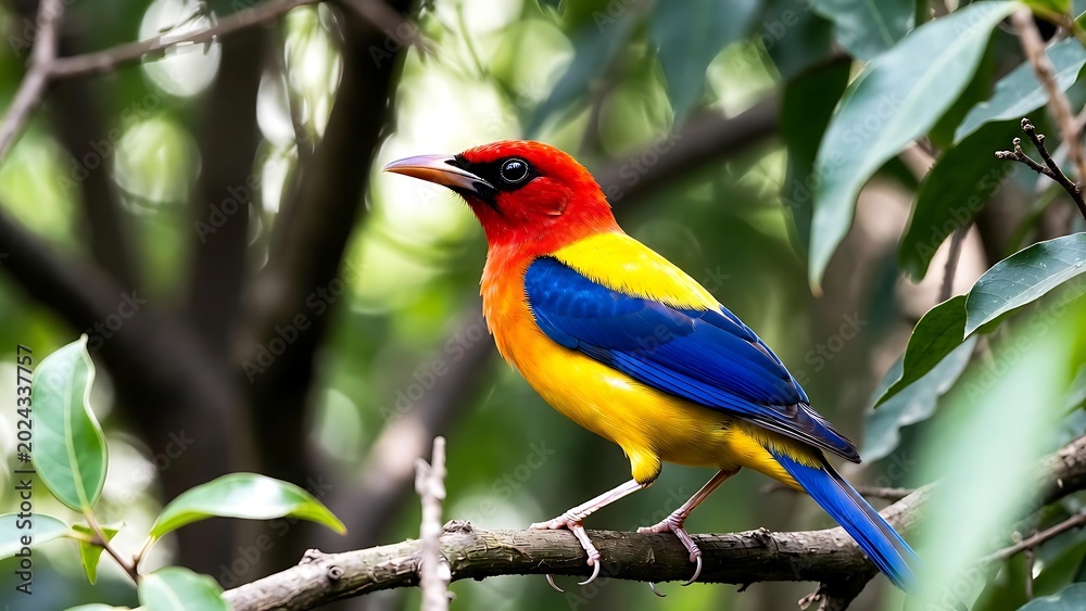 Fototapeta premium Vibrant Tropical Bird Perched on Branch Amidst Green Foliage in Nature