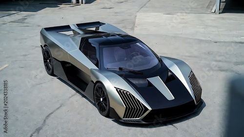Futuristic Sleek Sports Car Design in Industrial Environment Under Bright Lighting
