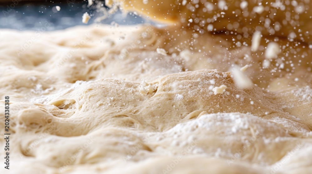 Obraz premium Fluffy Dough Rising with Flour Dust in a Bright Kitchen Environment