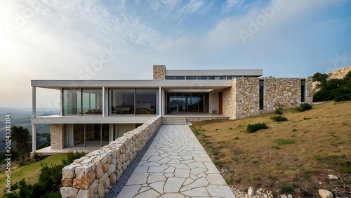 Modern Stone House with Panoramic View and Scenic Landscape Background