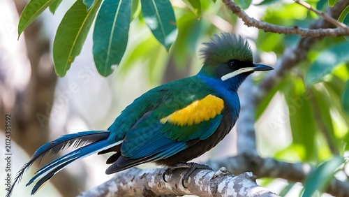 Vibrant Tropical Bird Perched on Branch Surrounded by Lush Green Leaves