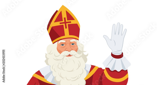 Tablou pe pânză Saint Nicholas Illustration, Sinterklaas Waving Hand, Christmas Character