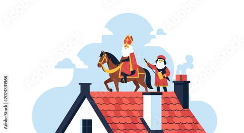Schilderij op canvas Saint Nicholas on horse arriving with helper on rooftop