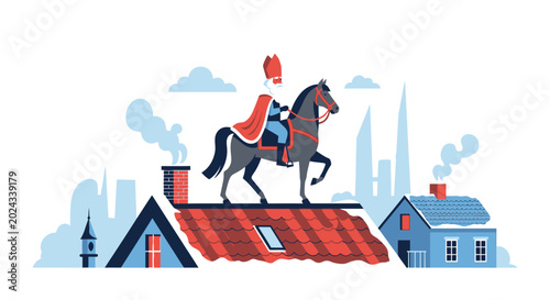 Bild auf Leinwand Saint Nicholas on Horseback Above City Rooftops