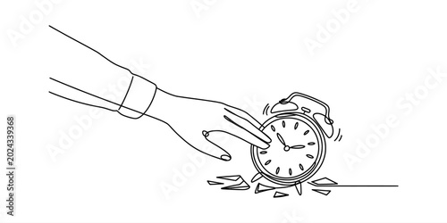 Foto Continuous one line drawing of a hand reaching to stop a ringing alarm clock tha