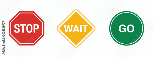 Foto Stop Wait Go Vector Signs Set, Traffic Signal and Road Warning Symbols Collectio