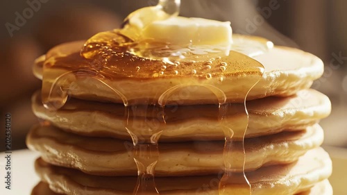 Slow Motion Honey Pour on Fluffy Pancakes