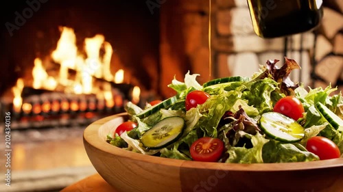 A fresh salad in a wooden bowl on a table in front of a cozy fireplace