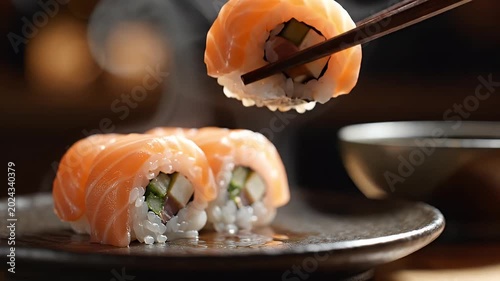 Chopsticks Picking Up Sushi Roll Cinematic Food Close Up